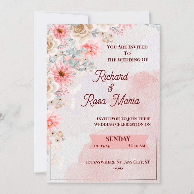 Cartão de Convite para Casamento Floral Rosa (Frente)