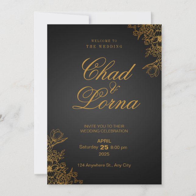 Cartão de Convite para Casamento Moderno Dourado N (Frente)