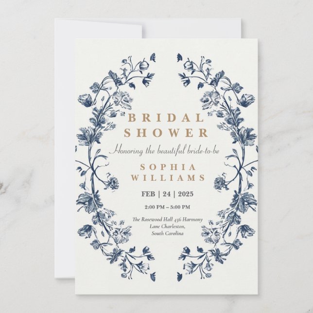 Cartão de convite para chá de casamento Floral Azu (Frente)