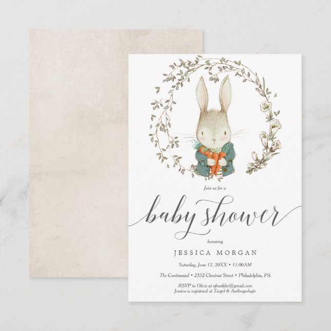 Cartão de Convite para Chá de fraldas de Coelho Vi (Frente/Verso)