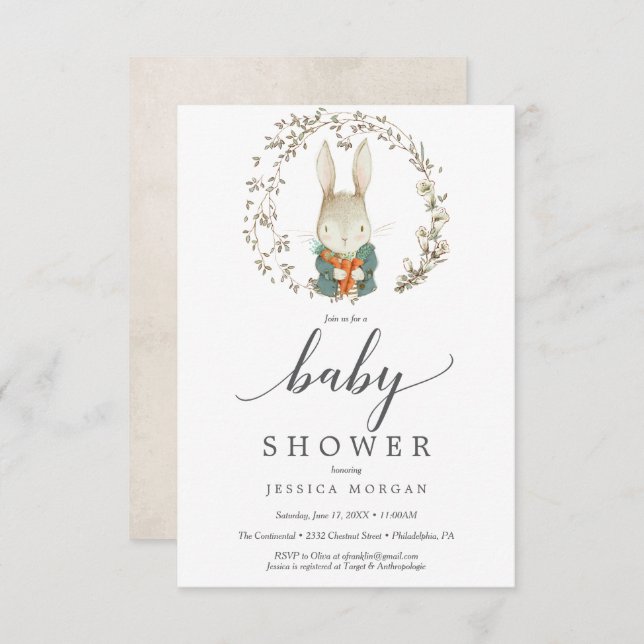 Cartão de Convite para Chá de fraldas de Coelho Vi (Frente/Verso)
