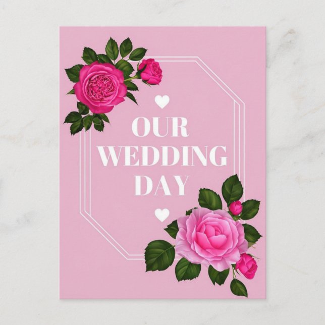 Cartão de Convite para Dia de Casamento Rosa Elega (Frente)