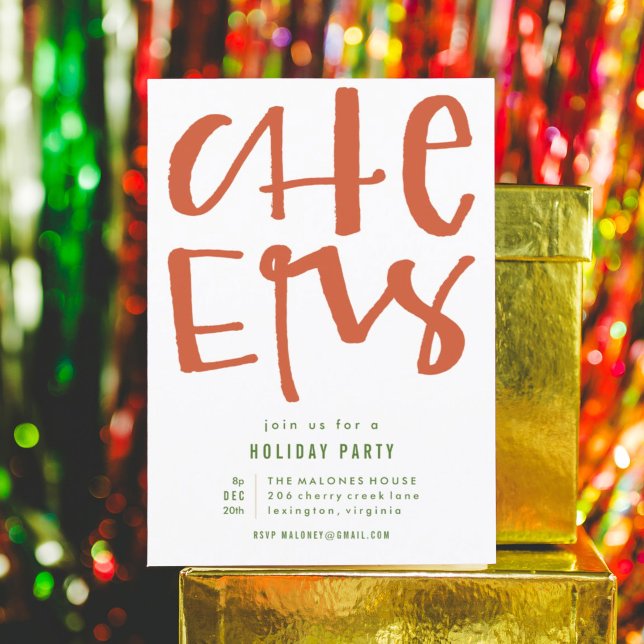 Cartão de Convite para Férias Red Cheers (Red hand lettered CHEERS holiday party invitation Christmas card.)