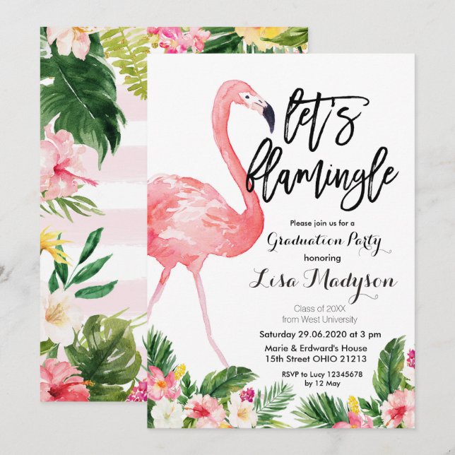 Cartão de convite para Festa de formatura Flamingo (Frente/Verso)