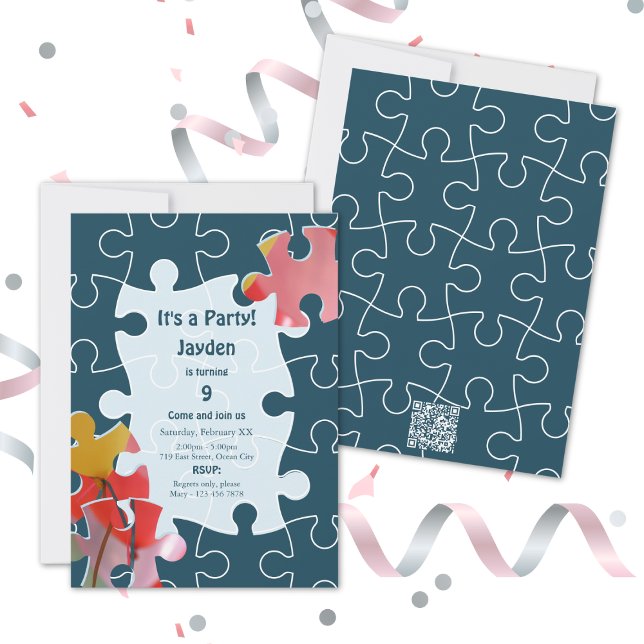 Cartão de Convite para Festa de Noite do 9º Aniver (Fun 9th Birthday Puzzle Themed Party Invite Card, Flat Card 5x7 Inch)