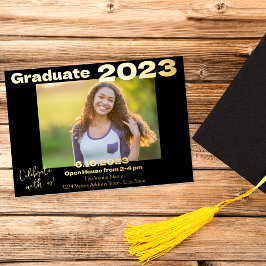 Cartão de Convite para Graduação de Fotos Preto e 