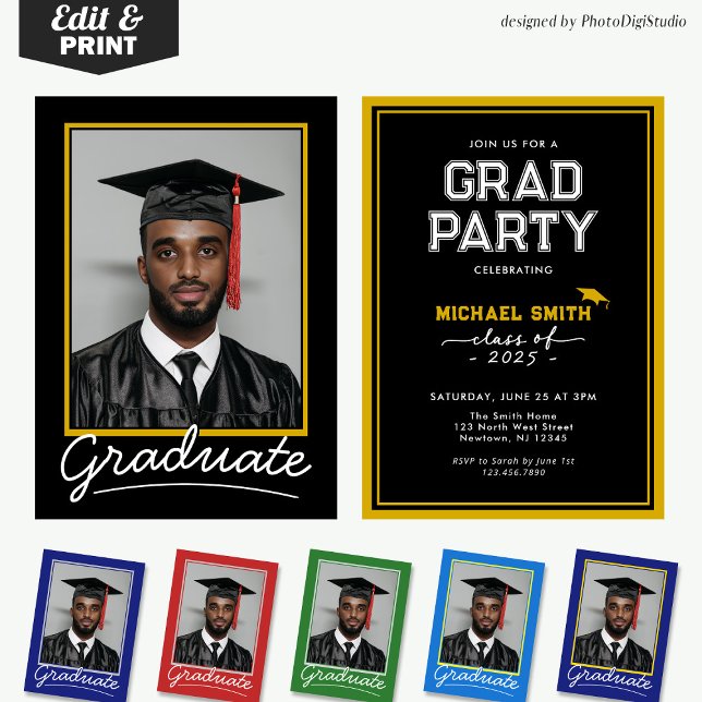 Cartão de Convite para Graduação Personalizado | D (Custom Graduation Invitation Card | Black and Gold Classic Design for Graduation Party and Ceremony )