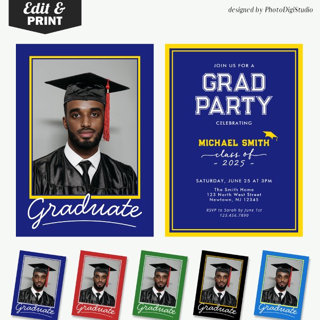 Cartão de Convite para Graduação Personalizado | D (Custom Graduation Invitation Card | Blue and Gold Classic Design for Graduation Party and Ceremony)