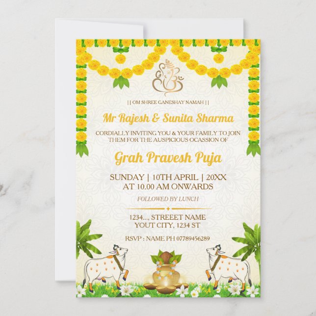 Cartão de Convite para Hindu Graha Pravesh Puja (Frente)