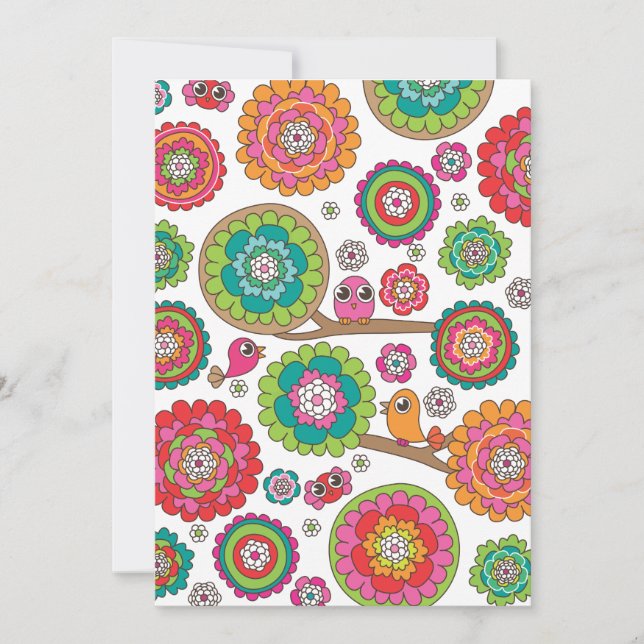 Cartão de convite para ilustração de aves e flores (Frente)
