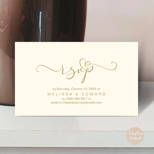 Cartão de Convite para Jantar de Resposta ao Casam (Romantic Wedding RSVP Dinner Invitation Card, Modern Online Phone Email Website Reminder Gold)