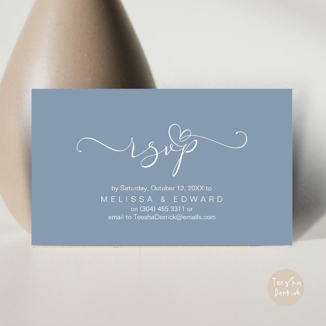 Cartão de Convite para Janto RSVP de Casamento Rom (Romantic Wedding RSVP Dinner Invitation Card, Modern Online Phone Email Website Reminder Dusty Blue)