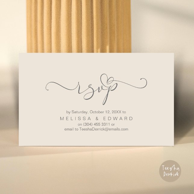 Cartão de Convite para Janto RSVP de Casamento Rom (Romantic Wedding RSVP Dinner Invitation Card, Modern Online Phone Email Website Reminder Cream Grey)
