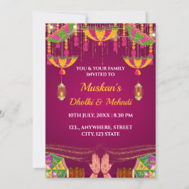 Cartão de Convite para Noite de Dholki e Mehndi