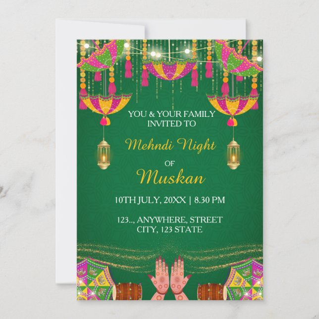 Cartão de convite para noite de Mehndi, convite de (Frente)