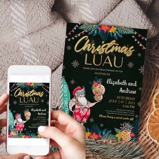 Cartão de Convite para Papais noeis Tropicais de N (Christmas Luau Tropical Santa Invitation Card)