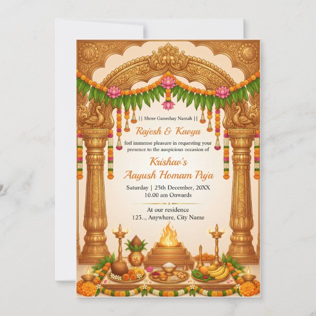 Cartão de Convite para Puja Tradicional Ayushya Ho (Frente)