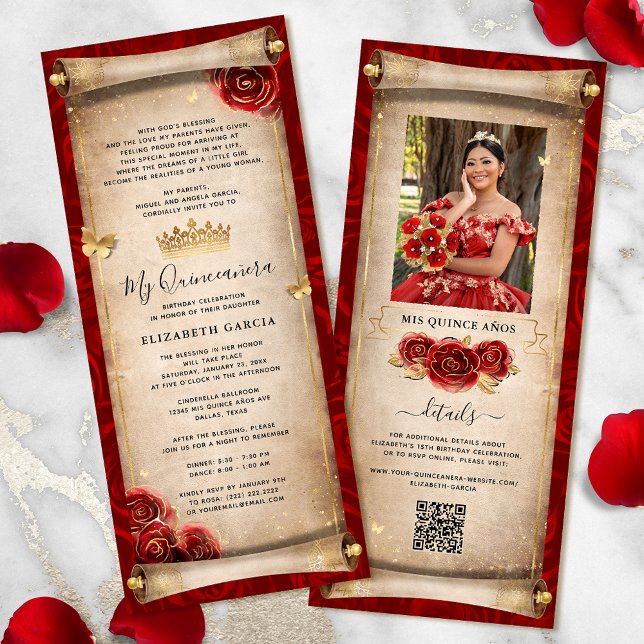 Cartão de Convite para Rolagem de Quinceanera Verm (Elegant red and gold quinceanera scroll invitation cards for your fairytale birthday party.)
