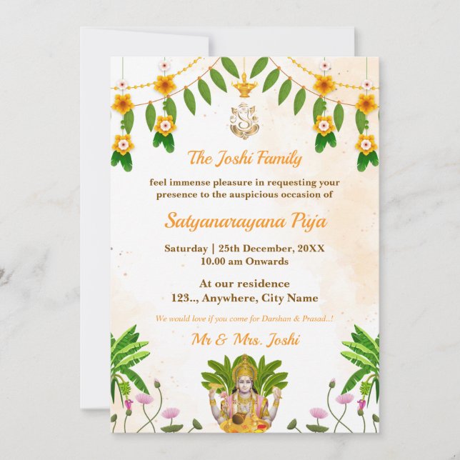 Cartão de Convite para Satyanarayan Swamy Katha (Frente)