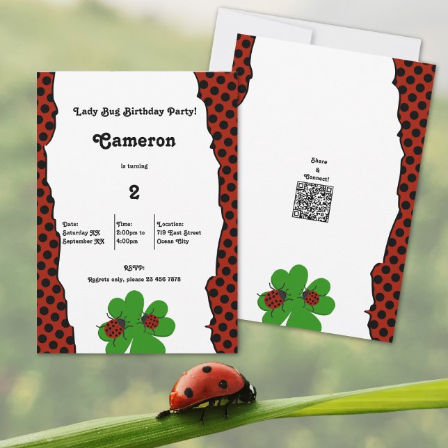 Cartão de Convite para segundos aniversários de Fe (Cute Lady Bug Tear Edge 2nd Birthday Party Invitation, 5x7 Inch, Portrait Format, Flat Card)