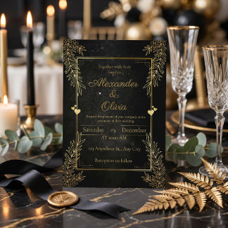 Cartão de Convite Personalizado Preto e Dourado de