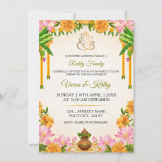 Cartão de Convite Tradicional Kalyanam com Marigol