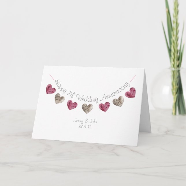 Cartão de coração de lã de 7 Feliz Aniversário (Frente)