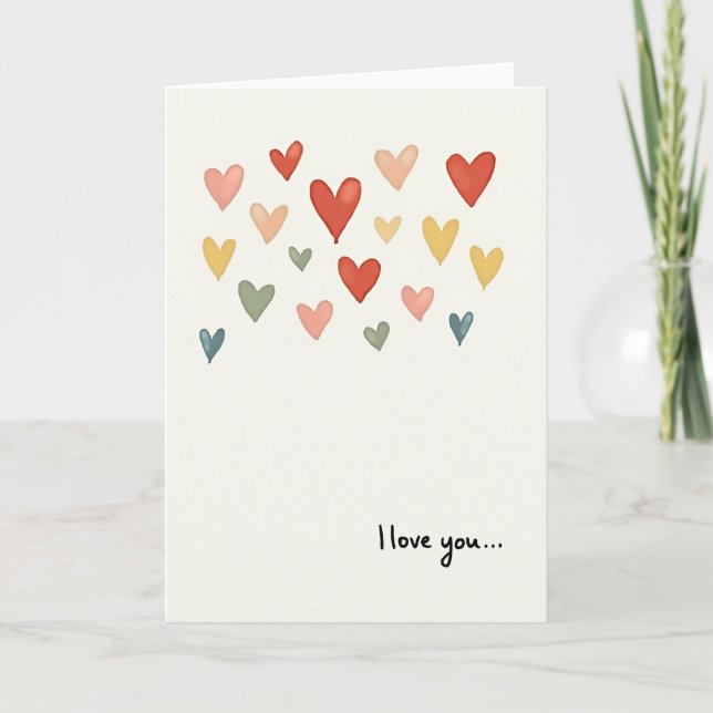 Cartão de Corações de Aquarela 'Eu Te Amo' (Frente)