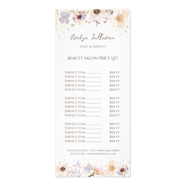 Cartão de cremalheira de lista de preços de flores (Frente)