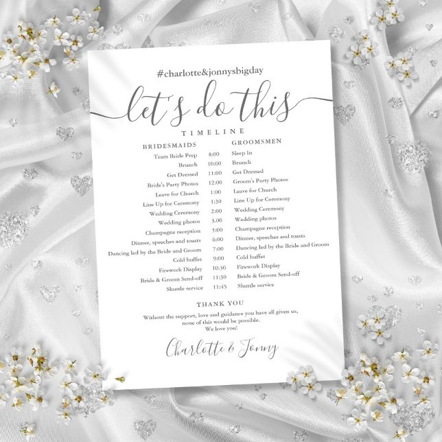 Cartão de Cronograma de Casamento em Letra Elegant (Elegant Script Wedding Schedule Timeline Card)