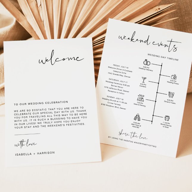 Cartão de Cronologia de Carta de Boas-Vindas Minim (Modern minimalist wedding welcome letter with schedule and icon timeline backside.)