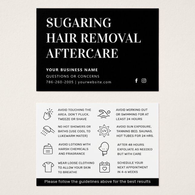 Cartão de cuidados pós-remoção de cabelo com Sugar (Frente & Verso)