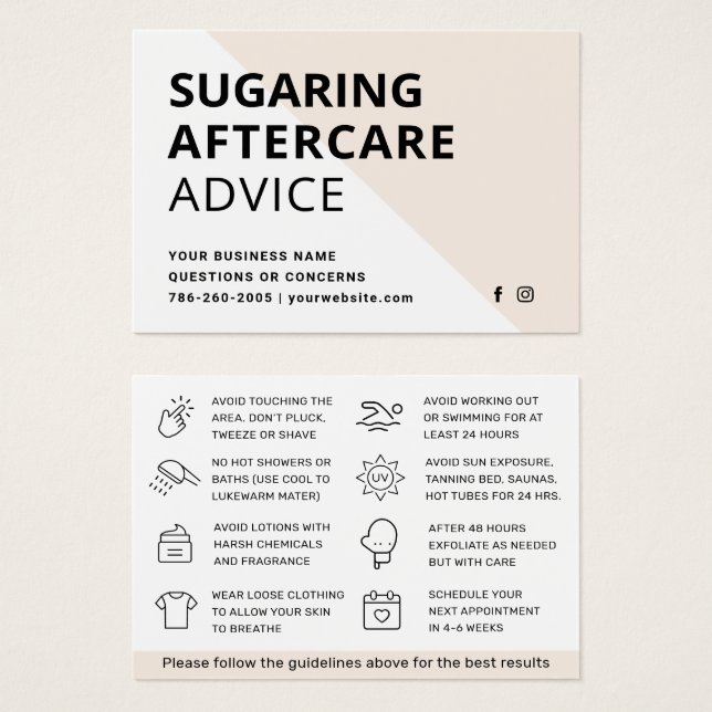 Cartão de cuidados pós-remoção de cabelo com Sugar (Frente & Verso)