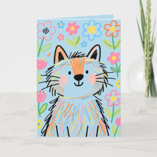 Cartão de Cumprimentos Gato Rabisco Azul Pastel