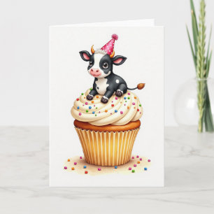 Cartão de Cupcake de Aniversário da Vaca Fofa