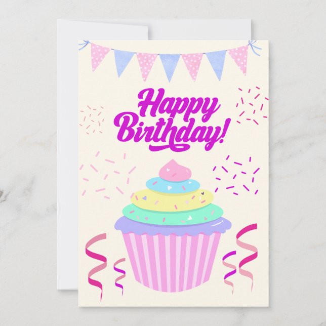 Cartão de Cupcake de Aniversário Feliz Minimalista (Frente)