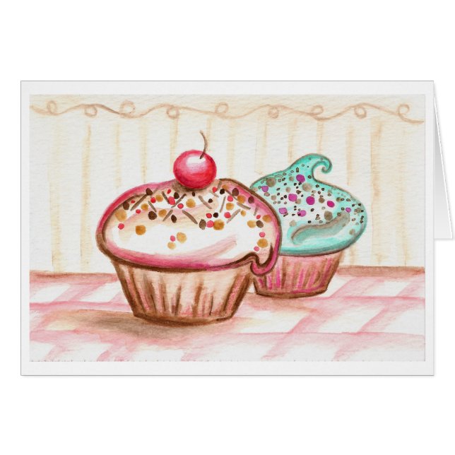 Cartão de Cupcakes com Cereja e Confeitos (Frente Horizontal)