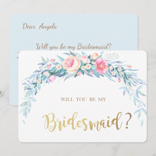 Cartão de Dama de Honor Flores Aquarela Pontos Pol (Frente/Verso)