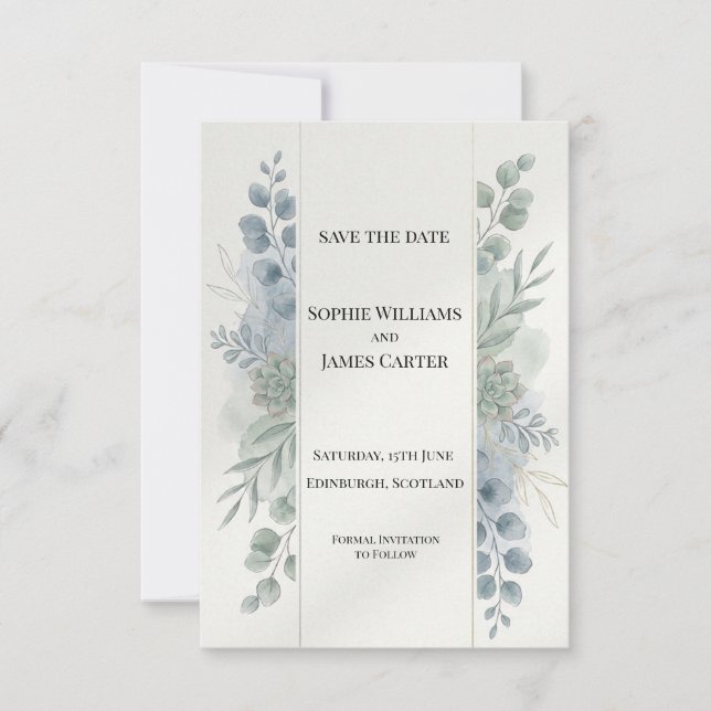 Cartão de Data de Casamento com Eucalipto Azul Pra (Frente)