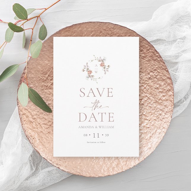 Cartão de Data de Casamento com Monograma Floral M (Criador carregado)