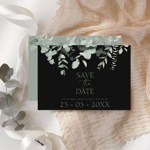Cartão de Data de Casamento Eucalyptus Preto Boho