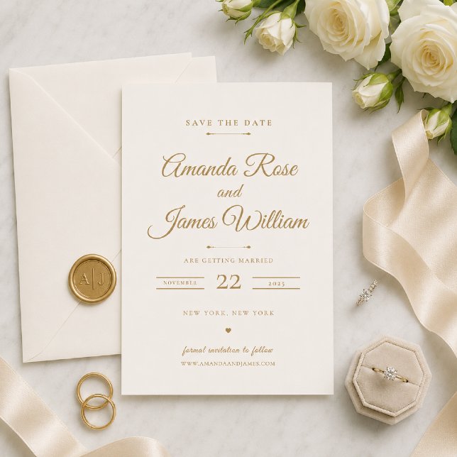 Cartão de Data de Salvamento com Estilo Mínimo Dou (Elegant gold Save the Date styled with timeless minimalist wedding details.)