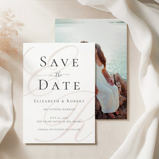 Cartão de Data de Salvamento de Foto de Monograma  (Minimalist Beige Monogram Custom Photo Wedding Save The Date on a silk tableclothes)