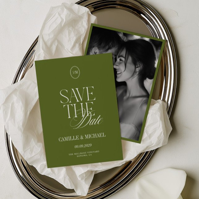 Cartão de Data de Salvamento de Foto Verde Oliva E (Elegant Olive Green Photo Save the Date Card)