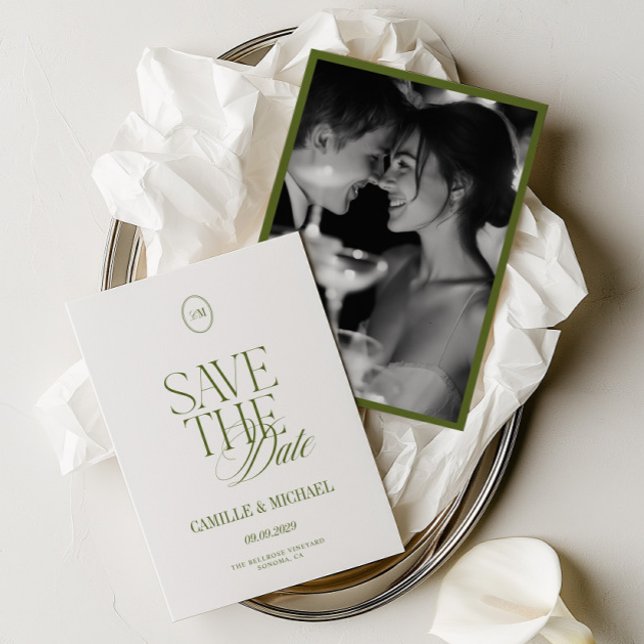 Cartão de Data de Salvamento de Foto Verde Oliva E (Elegant Olive Green Photo Save the Date Card)