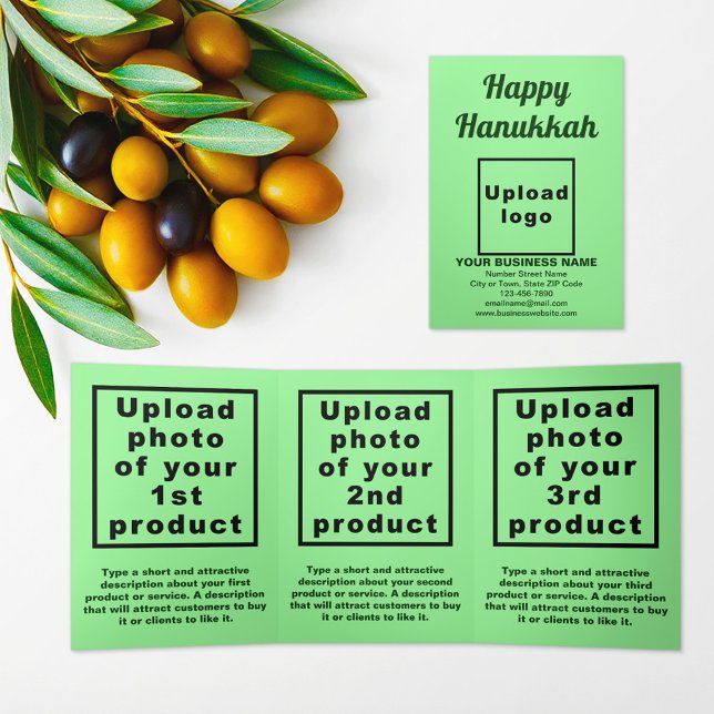 Cartão de datilografia verde claro para Hanukkah c (Hanukkah greeting, business brand and products on light green trifold card)