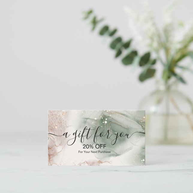 Cartão De Desconto Aquarela Elegante Moderna Verde e Dourada (Em pé/Frente)