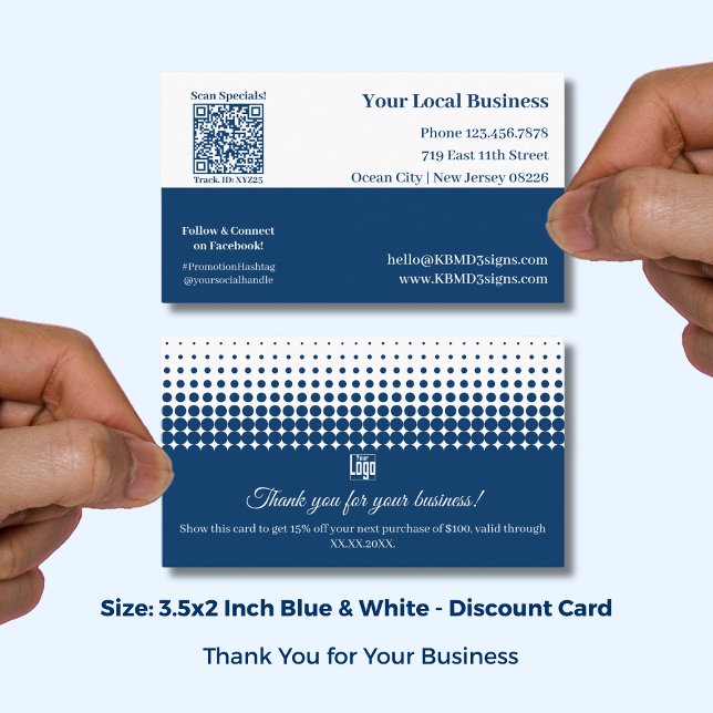 Cartão De Desconto Blue & White Half Tone Pattern Thank You and (Blue & White Half Tone Pattern Thank You and Discount Card; Size: 3.5x2 Inch, Logo, QR code)