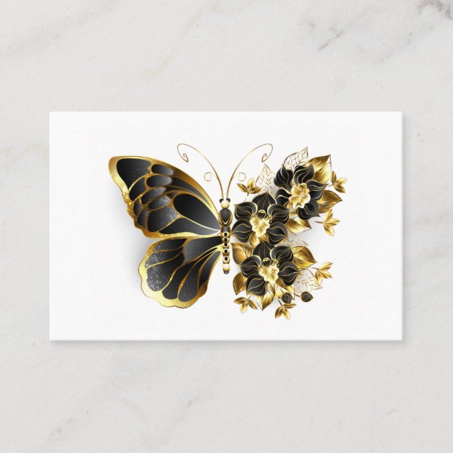 Cartão De Desconto Borboleta Flor Dourada com Orquídea Preta (Frente)