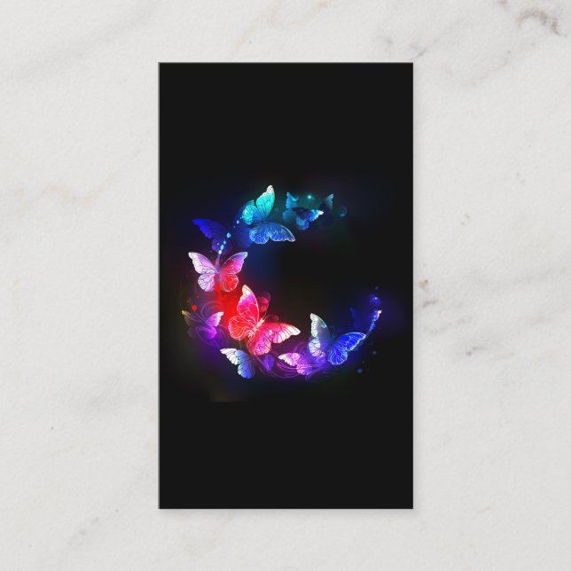 Cartão De Desconto Borboletas Neon Night brilhantes sobre fundo preto (Frente)